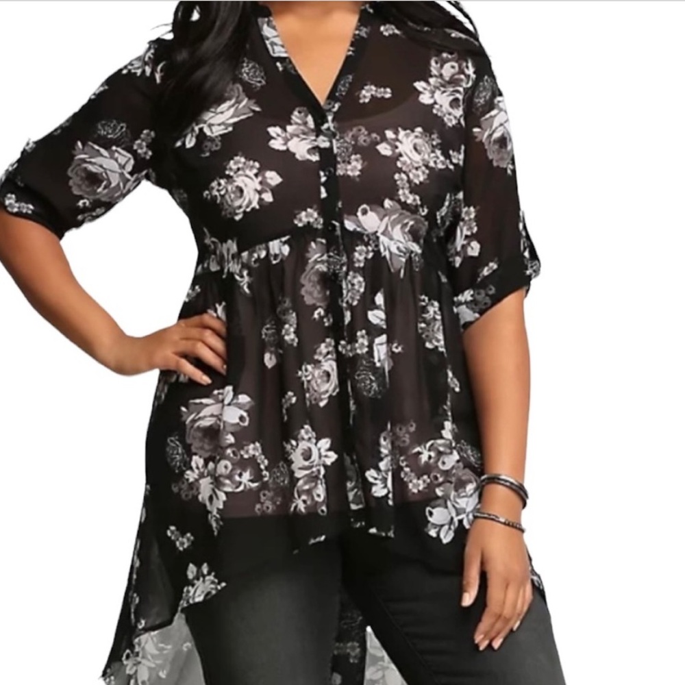 Black High/Low Floral Print Tunic
